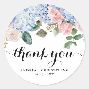 Sticker Rond Hydrangea bleu et rose rose Merci de Christening