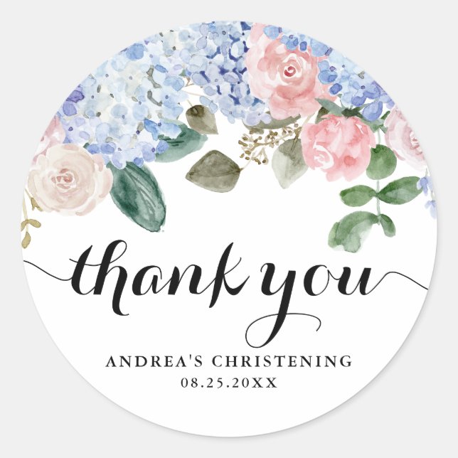 Sticker Rond Hydrangea bleu et rose rose Merci de Christening (Devant)