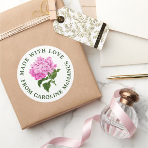 Sticker Rond Hydrangée blanche et rose Fabriquée avec amour