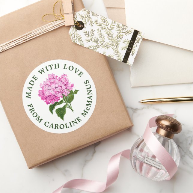 Sticker Rond Hydrangée blanche et rose Fabriquée avec amour (Cadeaux)