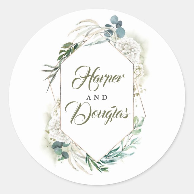 Sticker Rond Hydrangée blanche et verdure Mariage moderne (Devant)