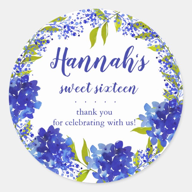 Sticker Rond Hydrangée bleue personnalisée Merci doux Sixte (Devant)