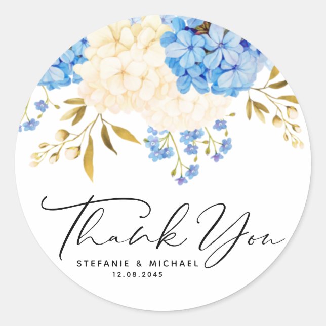 Sticker Rond Hydrangées bleues et blanches Merci Mariage Floral (Devant)