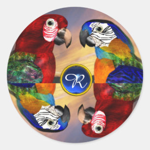 STICKER ROND HYPER PARROTS /ROUGE ET BLEUE ARA GEMSTONE MONOGRA