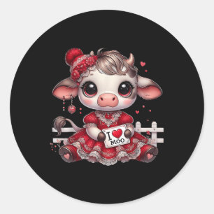 Sticker Rond I Heart Moo Cute Girl Highland Cow Western Valenti