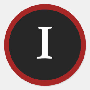 STICKER ROND I: LETTRE I INITIALE I CHEVAUCHEURS ROUGES, BLANCS