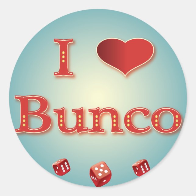 Sticker Rond I Love Bunco en rouge avec des dés rouges (Devant)
