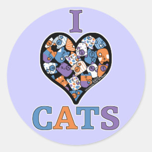 Sticker Rond I Love Cats - Coeur de collage