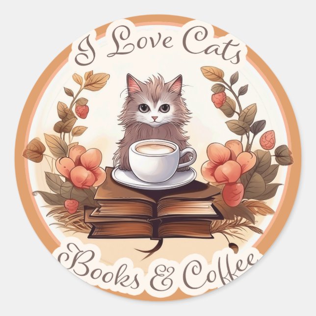 Sticker Rond I Love Cats, Livres et Café (Devant)