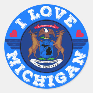 Sticker Rond I Love Michigan State Map and Flag