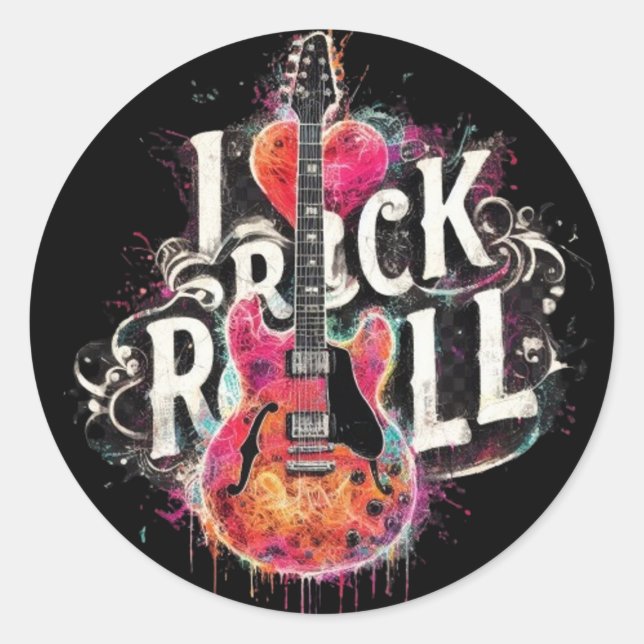 Sticker Rond I Love Rock N Roll Guitare Électrique Peinture (Devant)