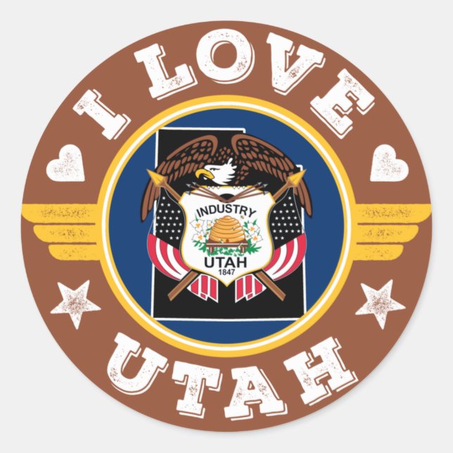 Sticker Rond I Love Utah State Flag and Map (Devant)