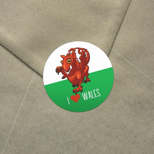 Sticker Rond I Love Wales Welsh Baby Red Dragon Cartoon (Créateur téléchargé)
