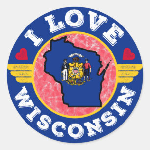Sticker Rond I Love Wisconsin State Map and Flag