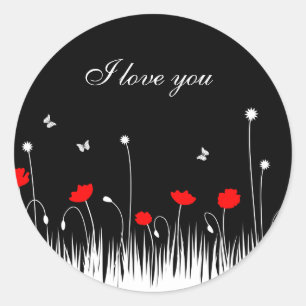 Sticker Rond I Love You Minimalist Red Black and White Poppies