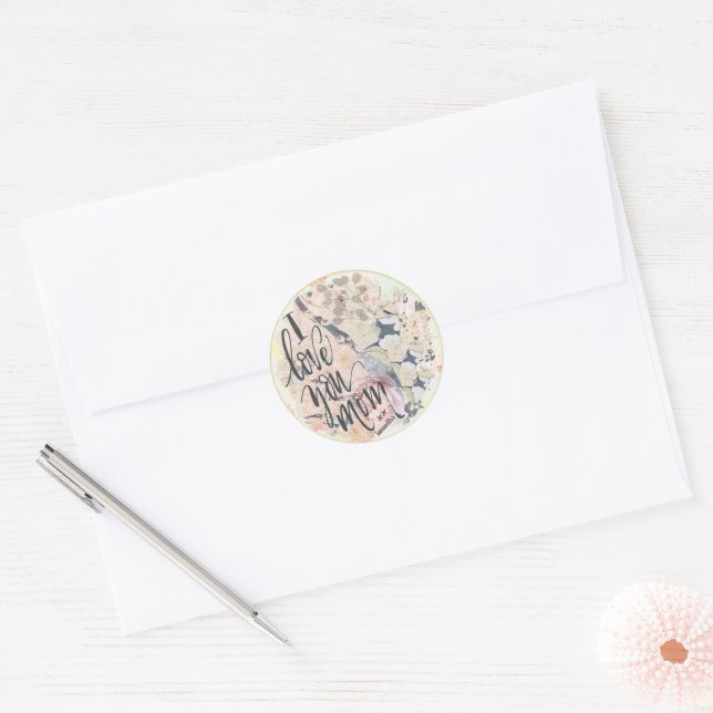 Sticker Rond I Love You Mom Hot Pink Aquarelle Ajouter N'Import (Enveloppe)