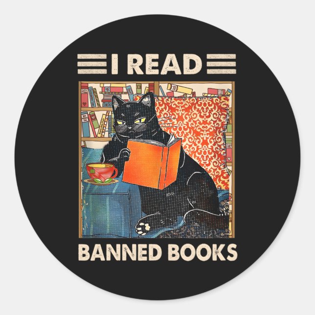 Sticker Rond I Read Banned Books Black Cat Reader Bookworm (Devant)