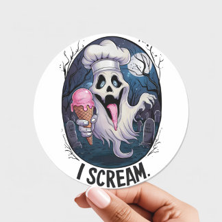 Sticker Rond "I Scream" Funny Ghost Chef Halloween Ice Cream St