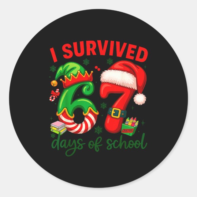 Sticker Rond I Survived 67 Days Of School Christmas Candy Cane  (Devant)