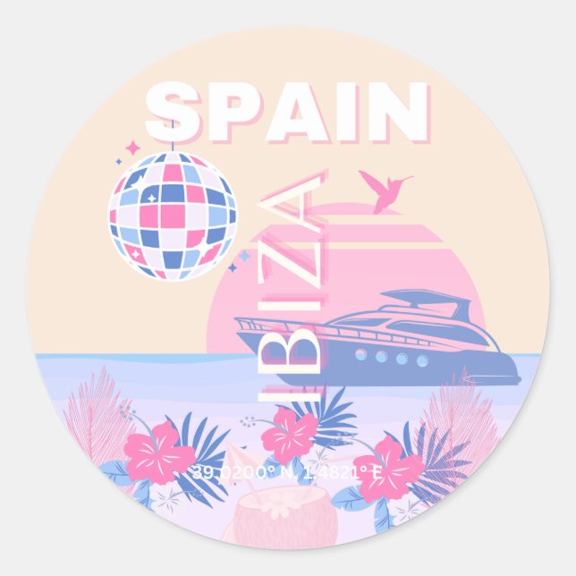 Sticker Rond Ibiza, Espagne, Art Voyage, Art Preppy, Rose, Past (Devant)