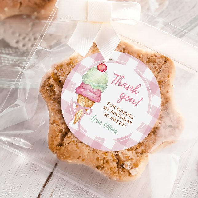 Sticker Rond Ice Cream Pink Bow Gingham Birthday Party (Créateur téléchargé)