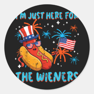 Sticker Rond Ici pour saucisses 4 juillet hotdog patriote homme