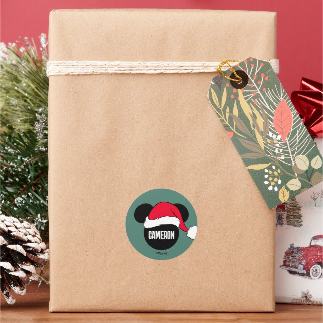 Sticker Rond Icône Père Noël Mickey de Noël | Ajouter Votre Nom (vacances)