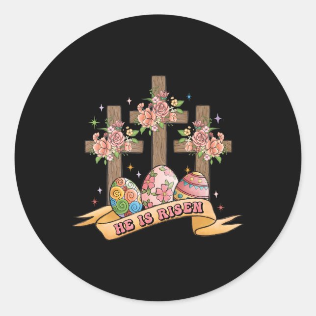 Sticker Rond Il Est Ressuscité Floral Cross Joyeux Pâques Jour  (Devant)