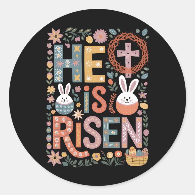 Sticker Rond Il est ressuscité Jésus Floral mignon lapin de Pâq (Devant)