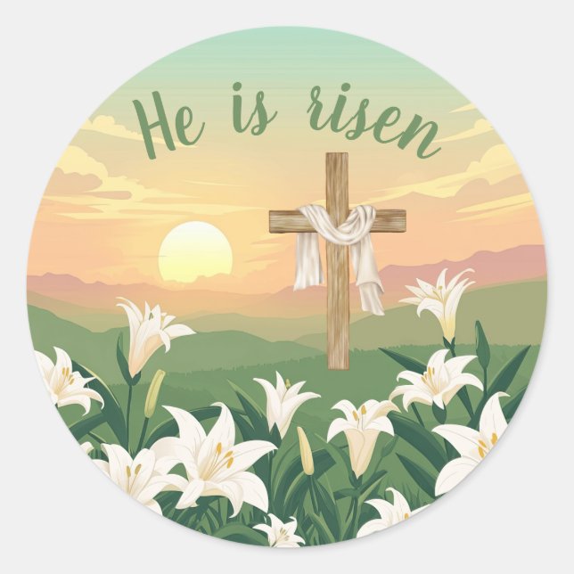 Sticker Rond Il est ressuscité, lever de soleil de Pâques Relig (Devant)