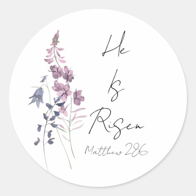 Sticker Rond Il est ressuscité Purple Floral Script Religieux P (Devant)