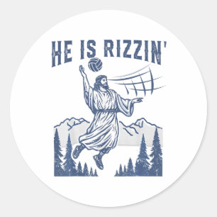 Sticker Rond Il Est Rizzin Volleyball Jésus Joyeux Pâques Drôle