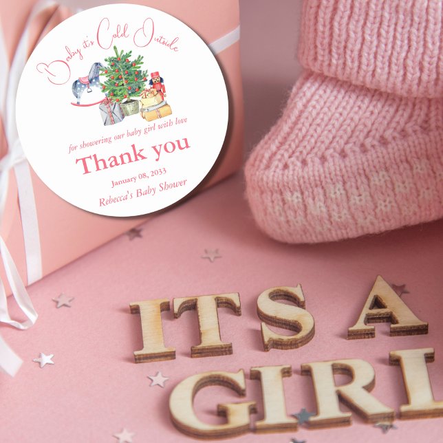 Sticker Rond Il fait froid dehors Baby shower de fille rose hiv (Créateur téléchargé)