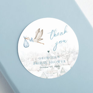 Sticker Rond Il faut un village Stork Winter Boy Baby shower