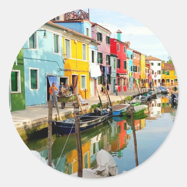 Sticker Rond Île de Burano près de Venise, Maisons Arc en Ciel  (Devant)