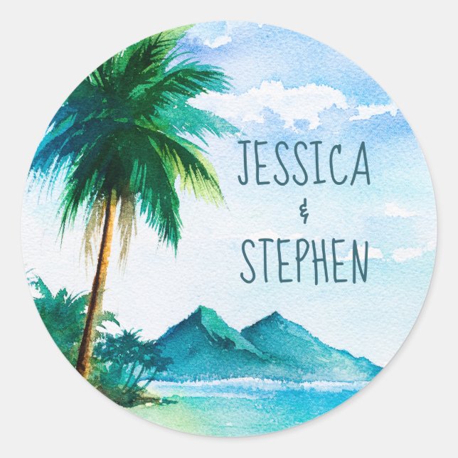 Sticker Rond Île Palm Tree Peinture Plage tropicale Mariage (Devant)