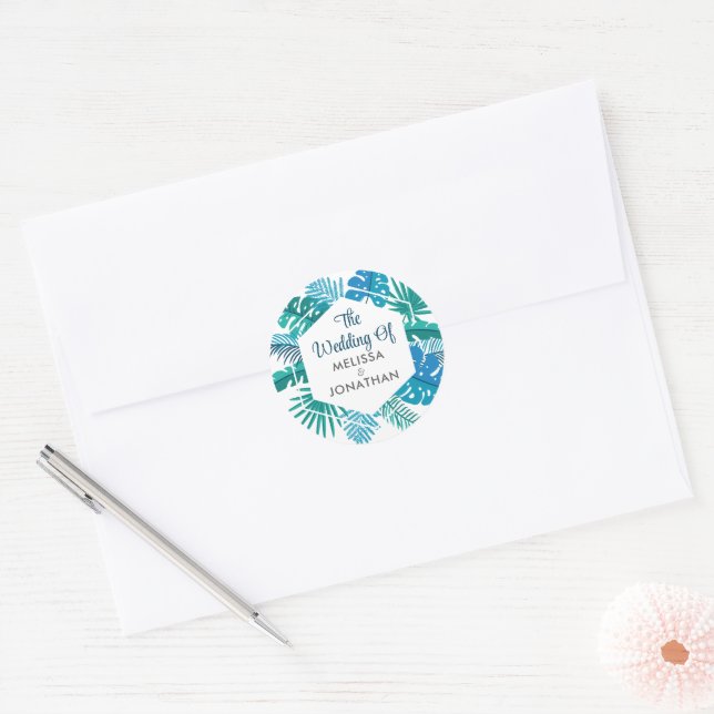 Sticker Rond Île tropicale Palm Leaf Blue Beach Mariage (Enveloppe)