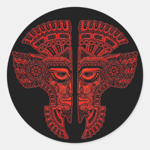Sticker Rond Illusion maya rouge de masque de jumeaux sur le