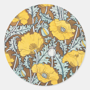Sticker Rond Illustration Art Nouveau Poppy Fleur Jaune