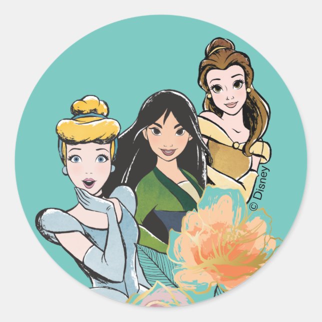 Sticker Rond Illustration de Cendrillon, Mulan et Belle Florale (Devant)