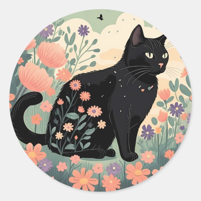 Sticker Rond Illustration de chat noir dans un champ de fleurs (Devant)