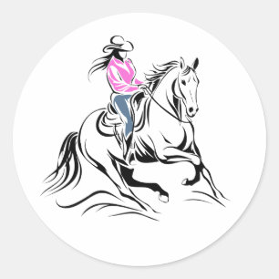 Sticker Rond Illustration de cowgirl occidentale à cheval
