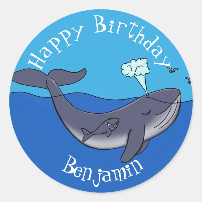 Sticker Rond Illustration de dessin animé sur la baleine mignon (Devant)