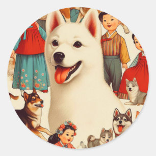 Sticker Rond Illustration de Jindo en Corée vintage