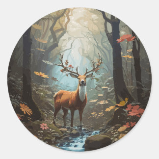 Sticker Rond illustration de la forêt de cerfs