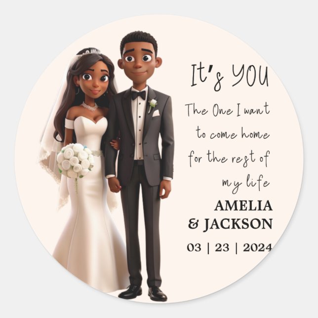 Sticker Rond Illustration de la mariée et du marié avec des cit (Devant)