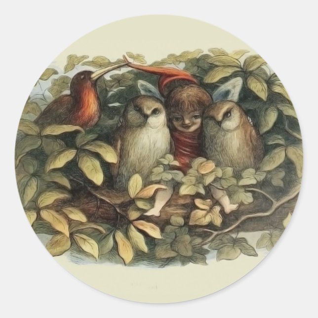 Sticker Rond Illustration de la nature des hiboux et des fées d (Devant)