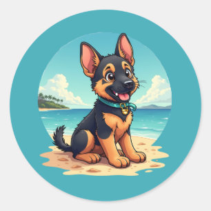 Sticker Rond Illustration de la plage du Chiot-Puppy en berger 