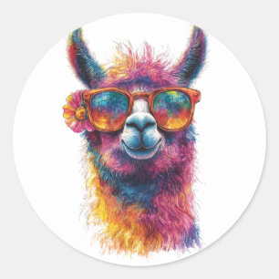 Sticker Rond Illustration de la tête de lama - Colorée, unique