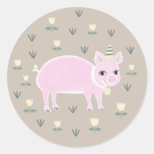 Sticker Rond Illustration de porc Vintage rose rustique 